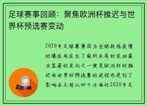 足球赛事回顾：聚焦欧洲杯推迟与世界杯预选赛变动