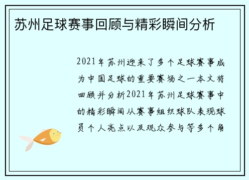 苏州足球赛事回顾与精彩瞬间分析