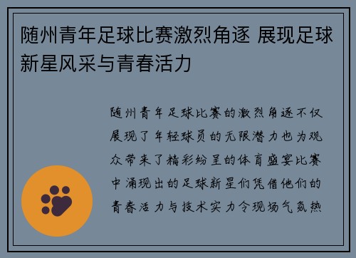 随州青年足球比赛激烈角逐 展现足球新星风采与青春活力
