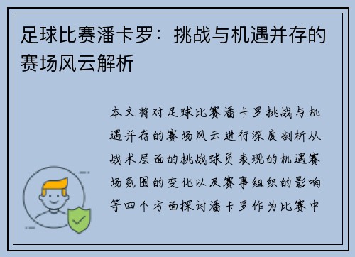 足球比赛潘卡罗：挑战与机遇并存的赛场风云解析