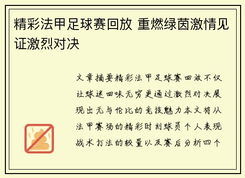 精彩法甲足球赛回放 重燃绿茵激情见证激烈对决