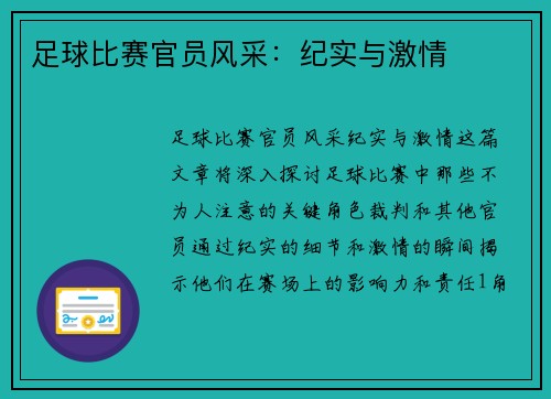 足球比赛官员风采：纪实与激情