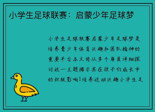 小学生足球联赛：启蒙少年足球梦