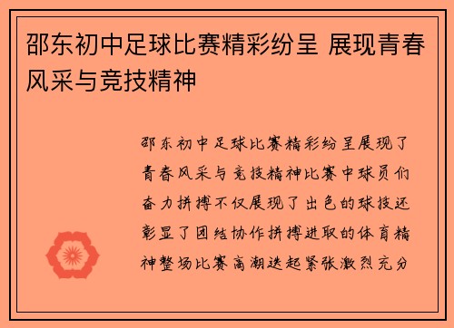 邵东初中足球比赛精彩纷呈 展现青春风采与竞技精神