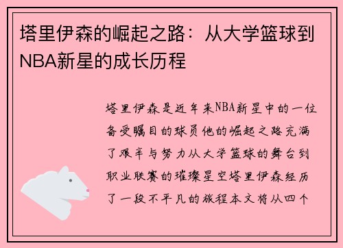 塔里伊森的崛起之路：从大学篮球到NBA新星的成长历程