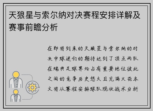 天狼星与索尔纳对决赛程安排详解及赛事前瞻分析