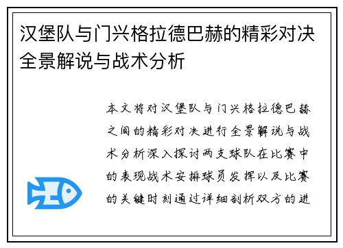 汉堡队与门兴格拉德巴赫的精彩对决全景解说与战术分析
