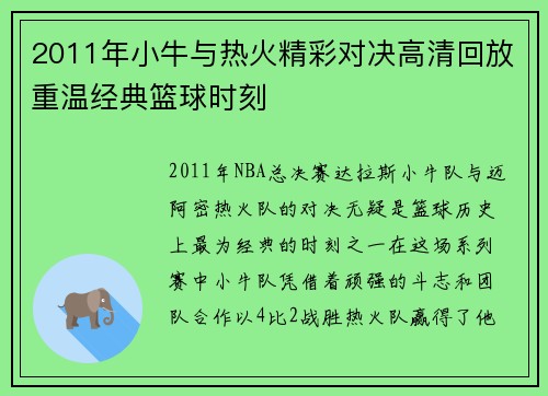 2011年小牛与热火精彩对决高清回放重温经典篮球时刻