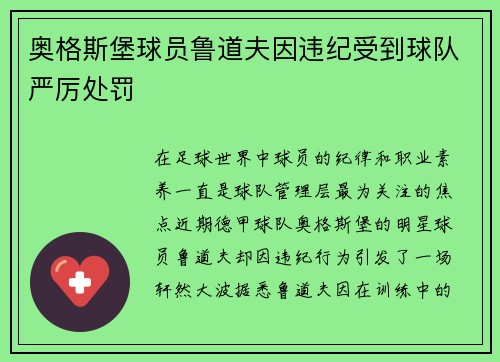 奥格斯堡球员鲁道夫因违纪受到球队严厉处罚