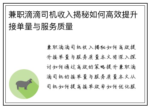 兼职滴滴司机收入揭秘如何高效提升接单量与服务质量