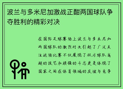 波兰与多米尼加激战正酣两国球队争夺胜利的精彩对决