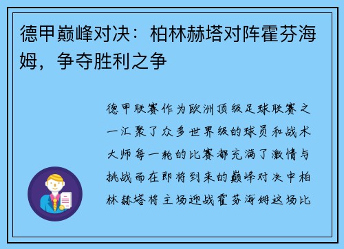德甲巅峰对决：柏林赫塔对阵霍芬海姆，争夺胜利之争