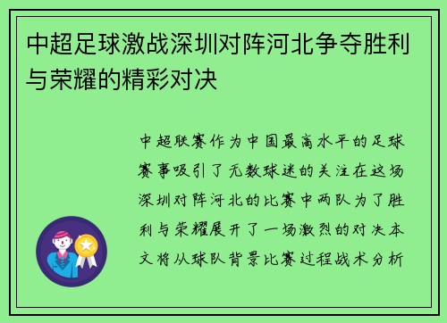 中超足球激战深圳对阵河北争夺胜利与荣耀的精彩对决