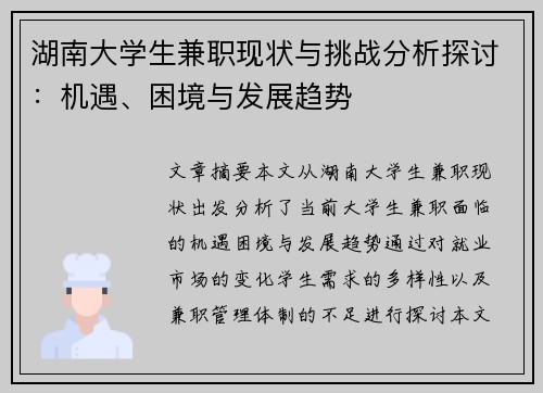 湖南大学生兼职现状与挑战分析探讨：机遇、困境与发展趋势