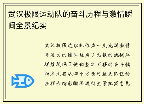 武汉极限运动队的奋斗历程与激情瞬间全景纪实