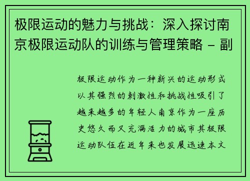 极限运动的魅力与挑战：深入探讨南京极限运动队的训练与管理策略 - 副本