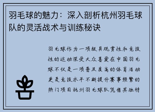 羽毛球的魅力：深入剖析杭州羽毛球队的灵活战术与训练秘诀