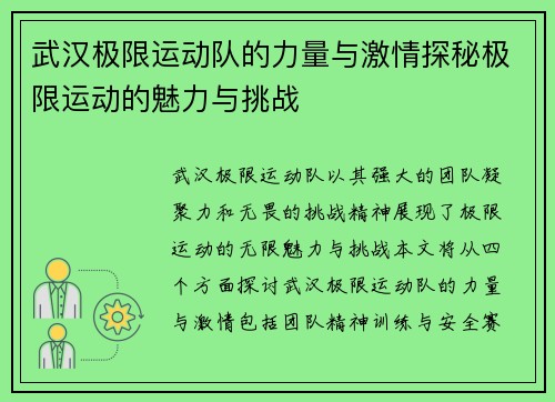 武汉极限运动队的力量与激情探秘极限运动的魅力与挑战